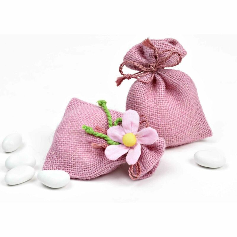 bomboniera sacchettino semplice in juta rosa confetto - immagine 2